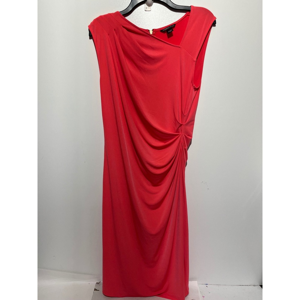 Victorias Secret Coral Red Asymmetrical Ruched Sheath Midi‎ Dress Large